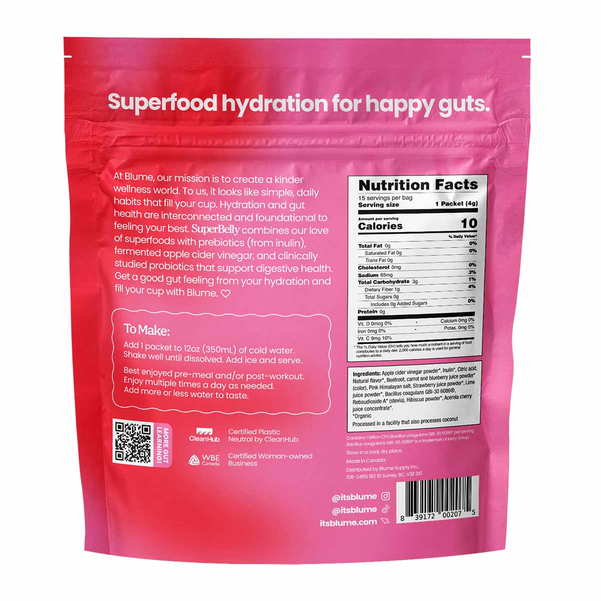 Pink pouch of SuperBelly Hydration Powder by Blume with nutrition facts label and preparation instructions visible.