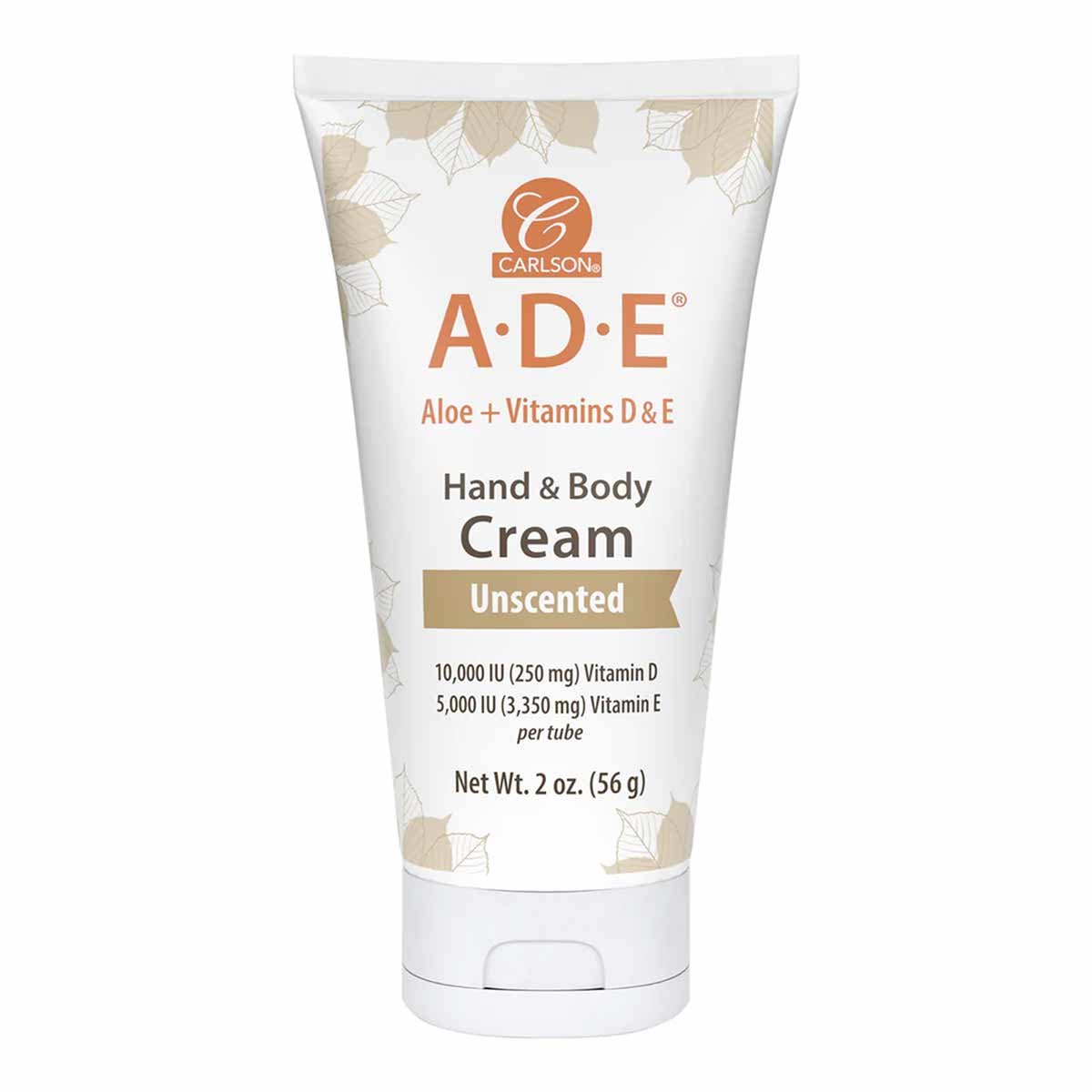 White tube of Carlson Labs A.D.E. hand and body cream with aloe and vitamins D and E, unscented formula, 2 oz size.
