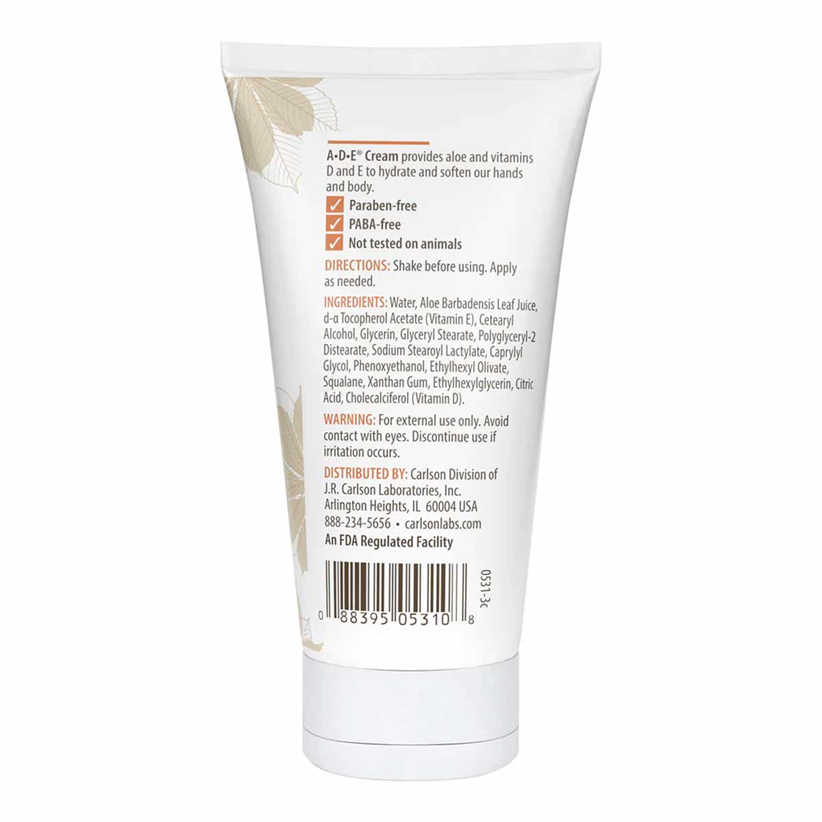 White tube of ADE Cream by Carlson Labs with product information and ingredient list on label.