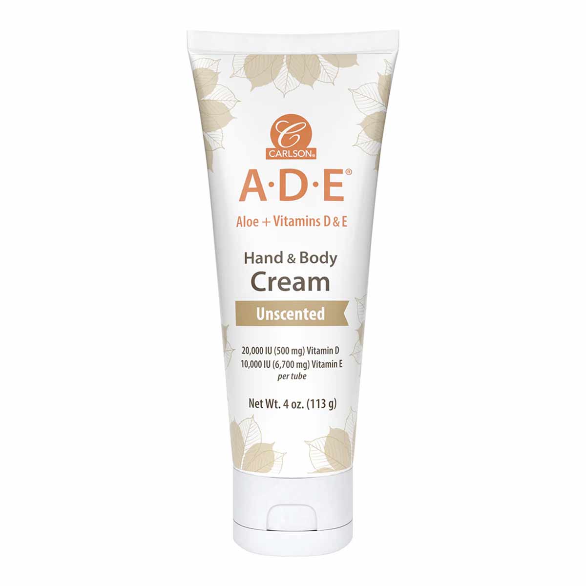 White tube of Carlson Labs A.D.E. Hand & Body Cream, Unscented, 4 oz, with tan leaf design and orange branding.