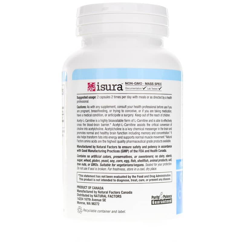 Acetyl-L-Carnitine 500 Mg, 60 Veg Capsules, by Natural Factors, image #3