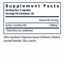 Supplement Facts label showing Acetyl L-Carnitine HCl 1,500mg per serving, 3 capsules, 20 servings per container.