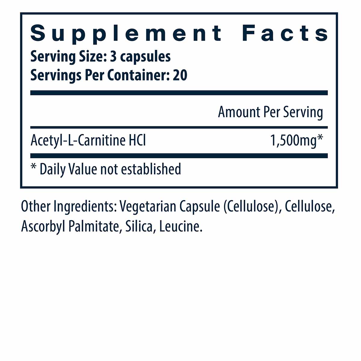 Supplement Facts label showing Acetyl L-Carnitine HCl 1,500mg per serving, 3 capsules, 20 servings per container.