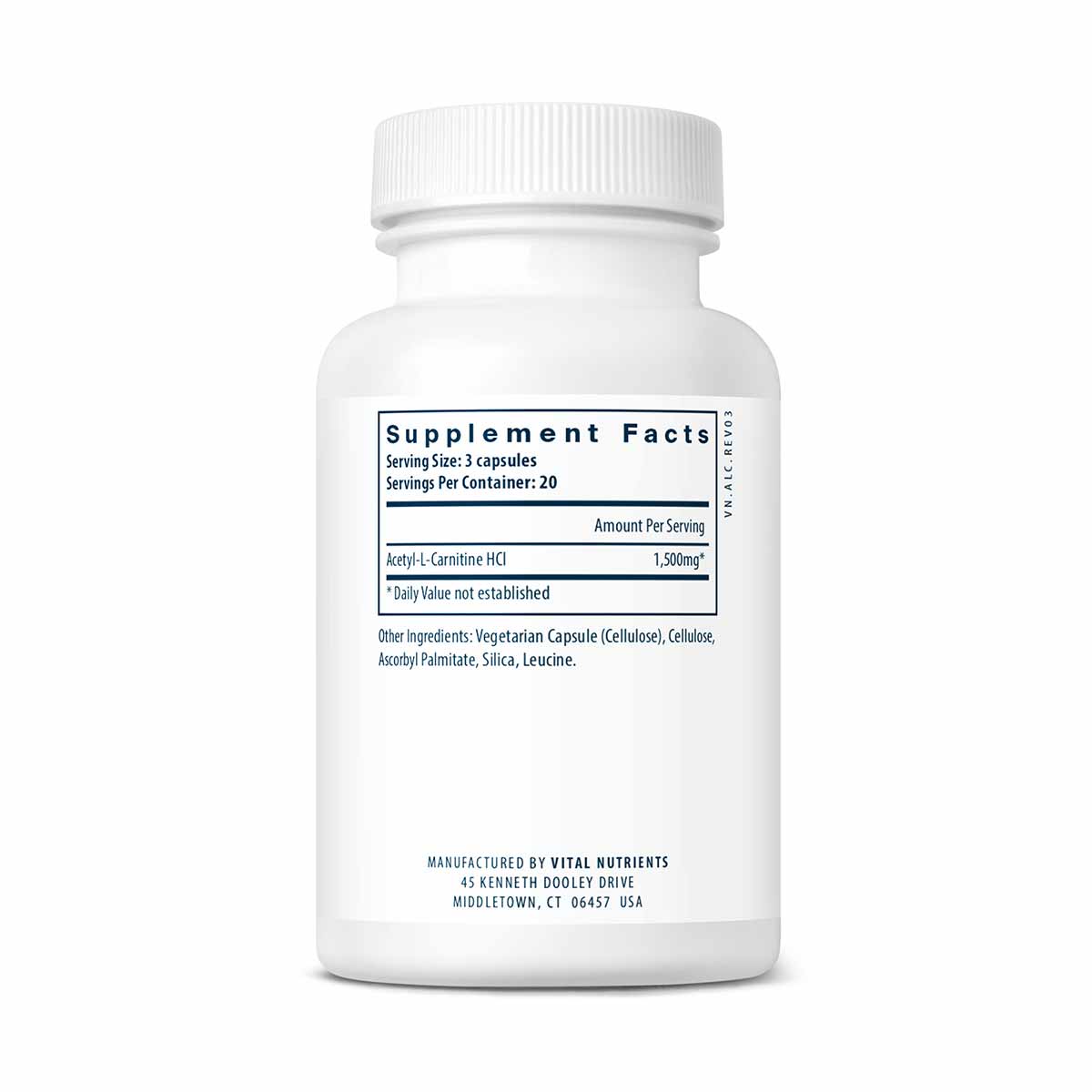 White plastic bottle with white screw cap containing vegetarian capsules, showing supplement facts label with Acetyl L-Carnit