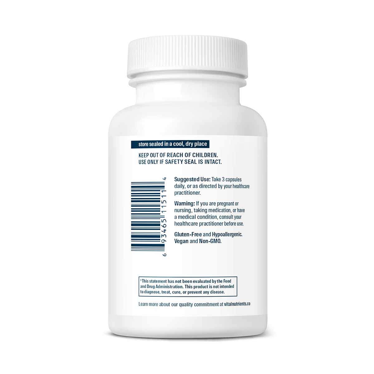 White supplement bottle with white ribbed cap containing 60 vegetarian capsules, labeled with usage and warning information.