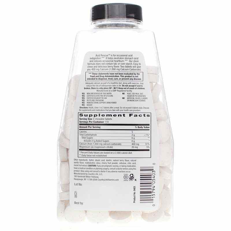 Acid Rescue Calcium Carbonate Berry, 220 Chewable Tablets, by Country Life, image #2