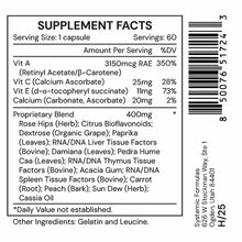 Supplement Facts label showing vitamins A, C, E, calcium, and proprietary blend ingredients for ACP capsule supplement.