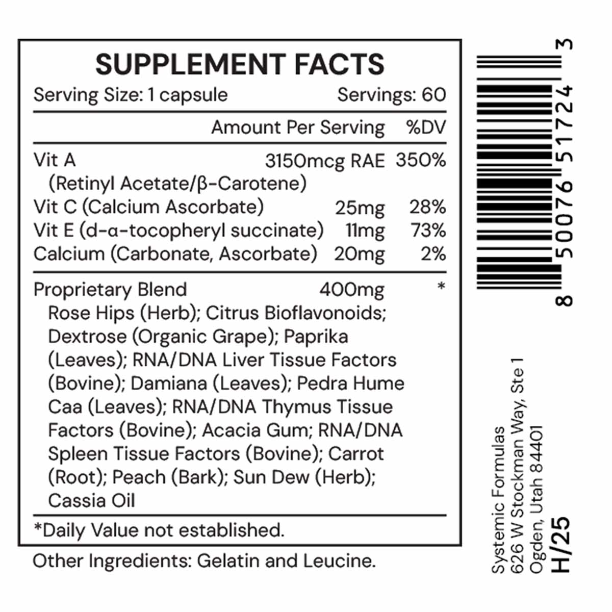 Supplement Facts label showing vitamins A, C, E, calcium, and proprietary blend ingredients for ACP capsule supplement.