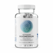 Clear glass bottle with white label featuring blue geometric logo, containing 120 white capsules of Activated Magnesium dieta