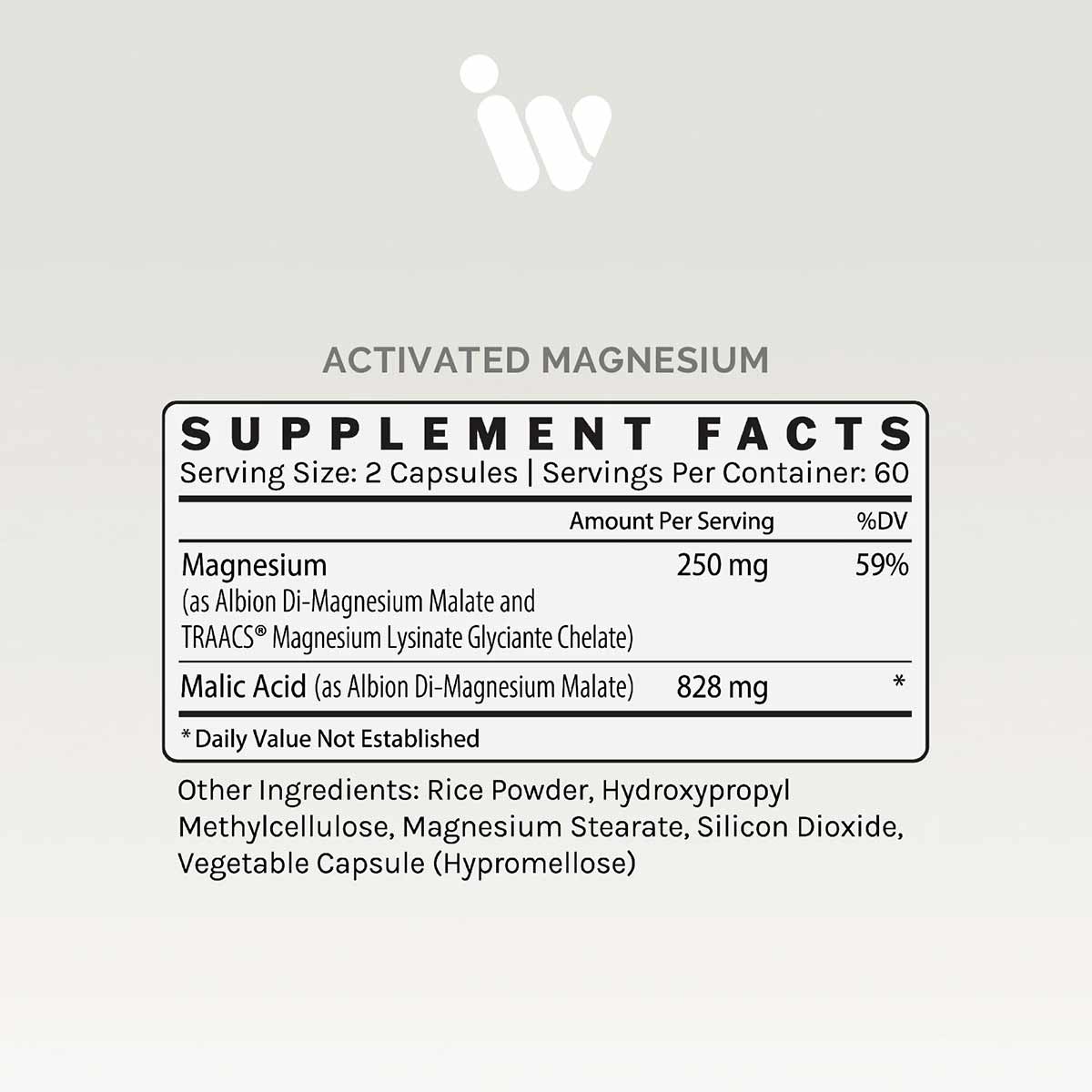 Activated Magnesium supplement facts label showing 250mg magnesium per serving in vegetable capsules with malic acid and othe