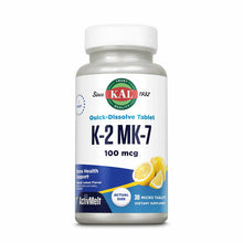 Bottle of Kal K-2 MK-7 100 mcg quick-dissolve tablets with lemon flavor and 30 micro tablets.