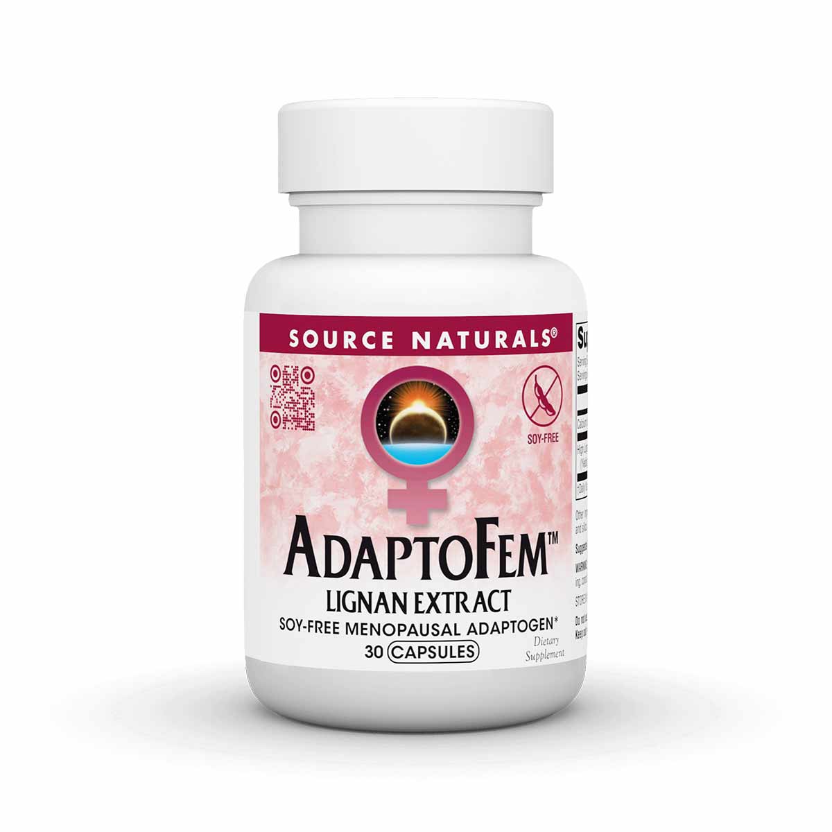 Source Naturals AdaptoFem white supplement bottle with pink label containing 30 capsules of lignan extract.