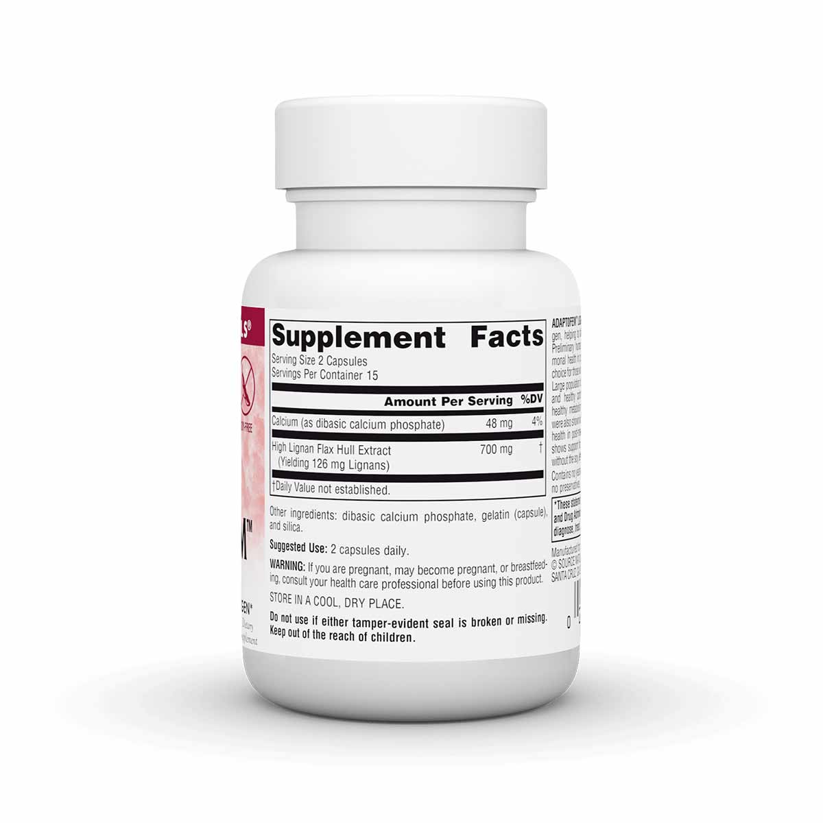White supplement bottle with white cap displaying Supplement Facts label with red accent stripe and ingredient information.