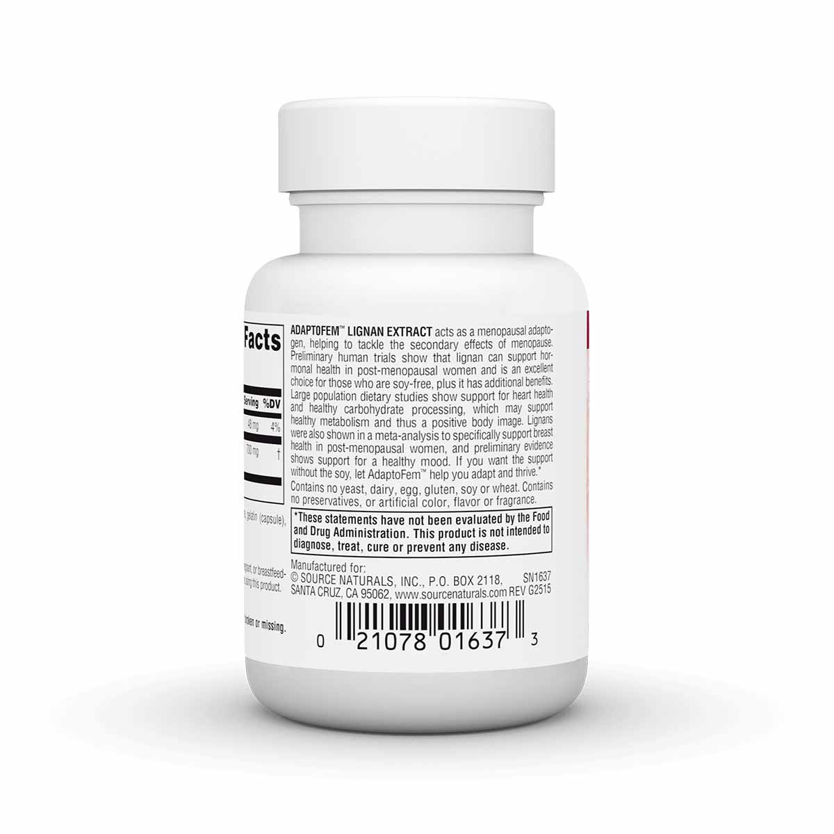 White bottle of AdaptoFem dietary supplement with white cap and label featuring product facts and information.