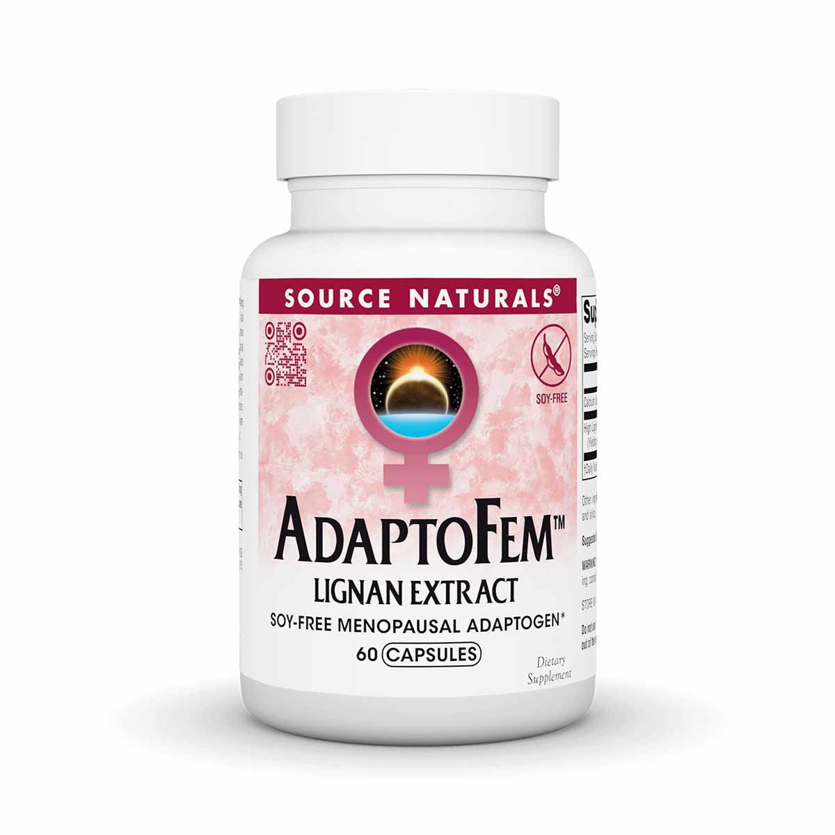 White bottle of Source Naturals AdaptoFem Lignan Extract with pink label and female symbol, containing 60 capsules.