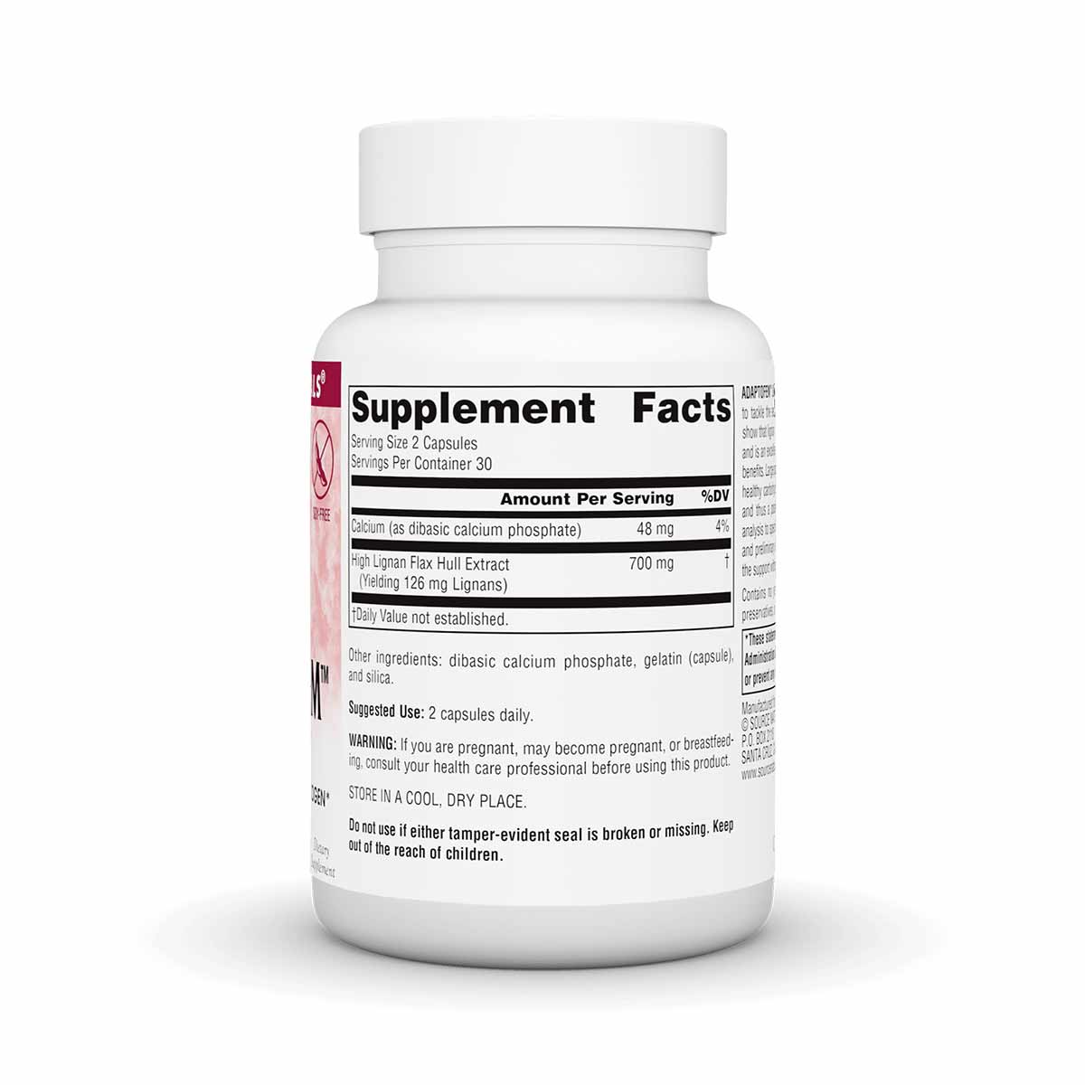 White bottle of Source Naturals AdaptoFem supplement with white cap and label showing supplement facts.