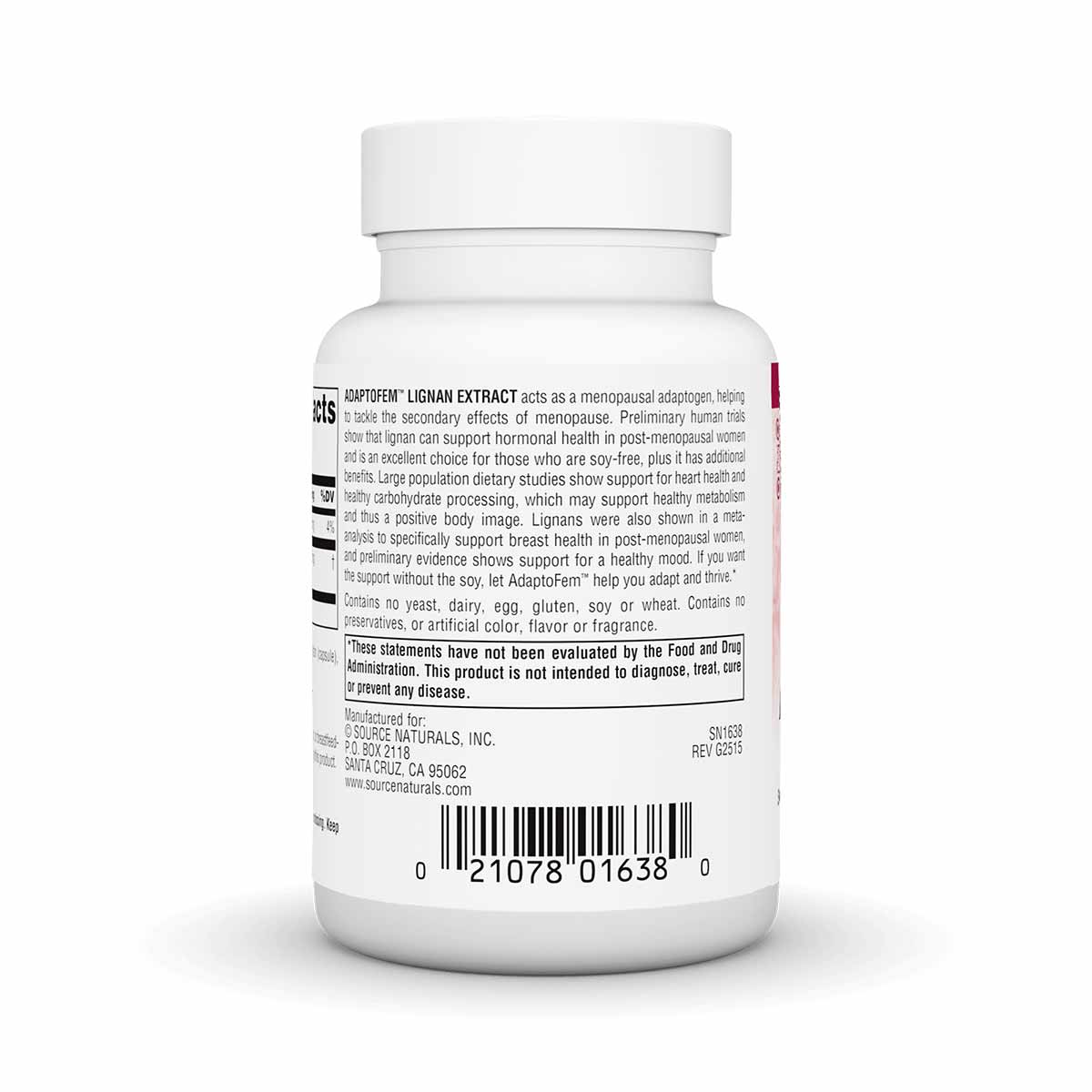 White supplement bottle with white cap labeled AdaptoFem by Source Naturals, featuring product information and barcode on lab