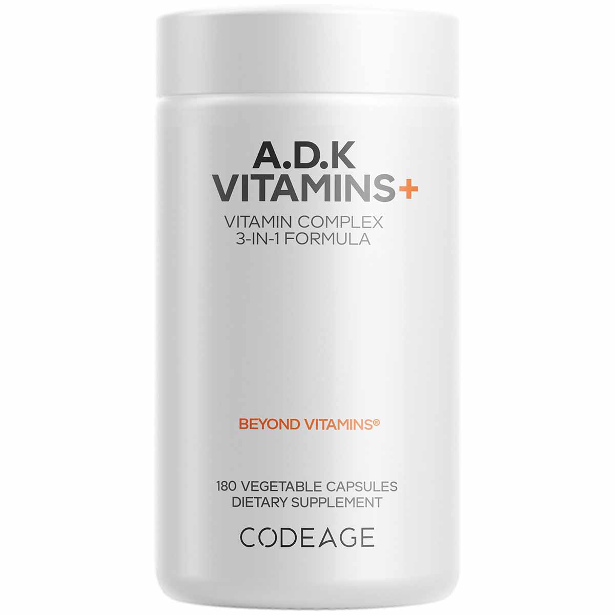 White cylindrical bottle labeled "A.D.K Vitamins+" with text indicating 180 vegetable capsules by Codeage.