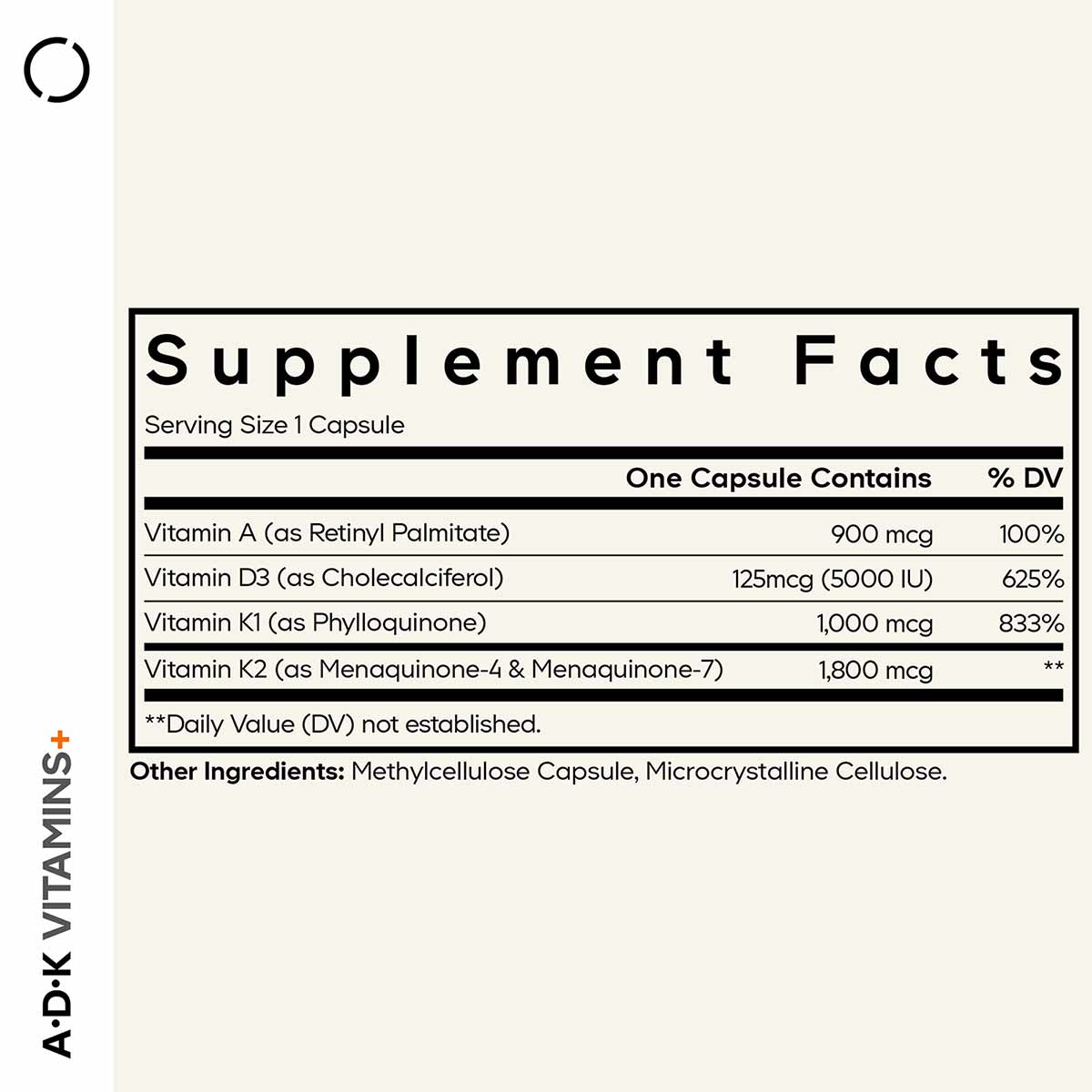 Supplement Facts label for ADK Vitamins showing serving size, vitamin contents, and daily value percentages.