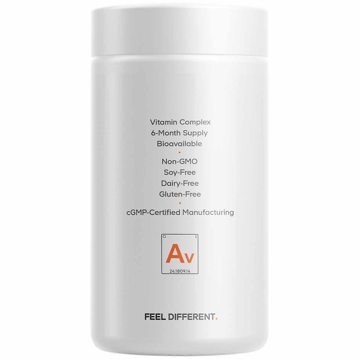White cylindrical bottle labeled "Vitamin Complex 6-Month Supply" with ingredient certifications and Codeage branding.