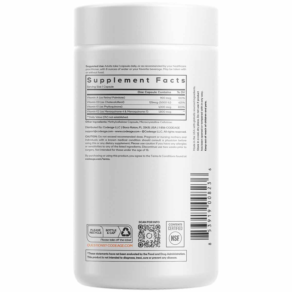 White supplement bottle with white cap displaying Supplement Facts label for ADK Vitamins by Codeage.