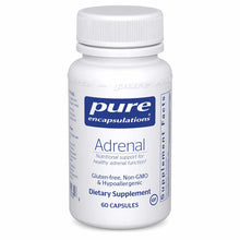 White bottle of Pure Encapsulations Adrenal dietary supplement with white screw cap, containing 60 capsules.