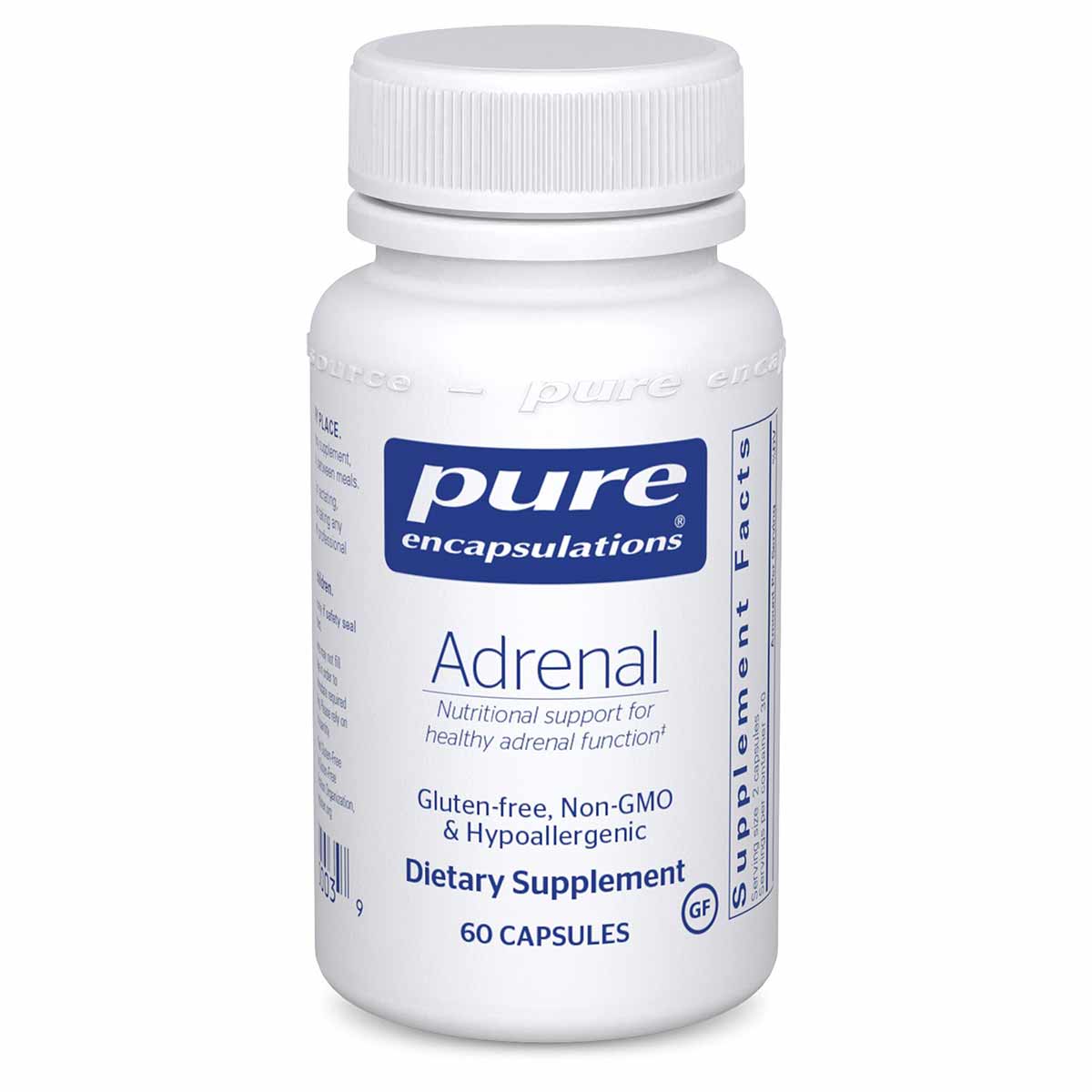 White bottle of Pure Encapsulations Adrenal dietary supplement with white screw cap, containing 60 capsules.