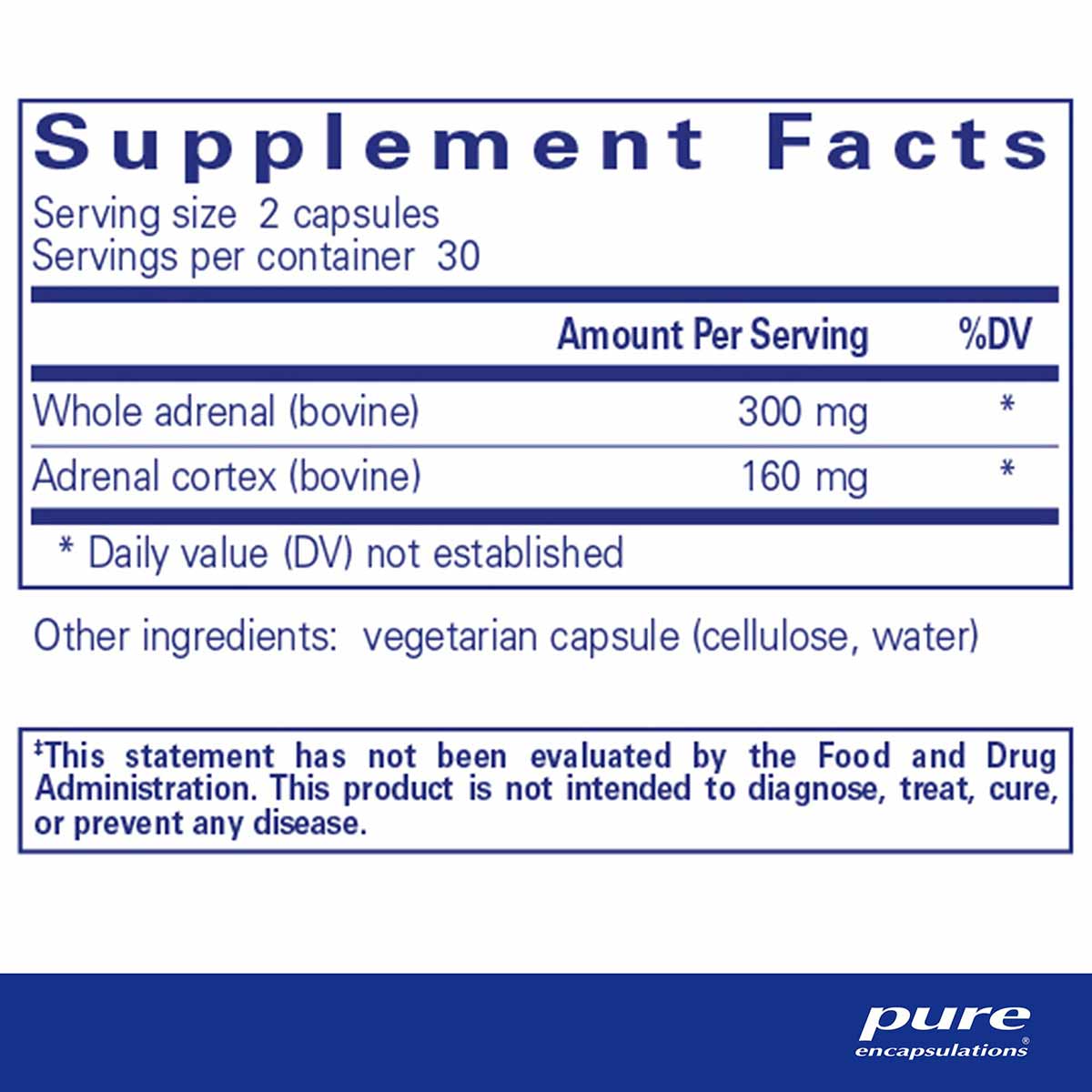 Supplement Facts label for Pure Encapsulations Adrenal showing serving size, ingredients, and FDA disclaimer.
