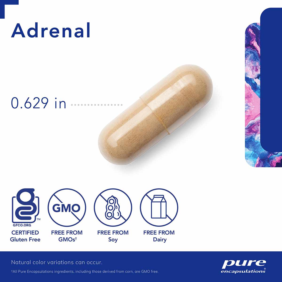 Tan capsule labeled "Adrenal" measuring 0.629 inches with certification badges for gluten-free, GMO-free, soy-free, and dairy
