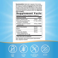 Supplement Facts label for Adrenal Stress End showing dosage, ingredients including Vitamin C, B6, Pantothenic Acid, and Adre