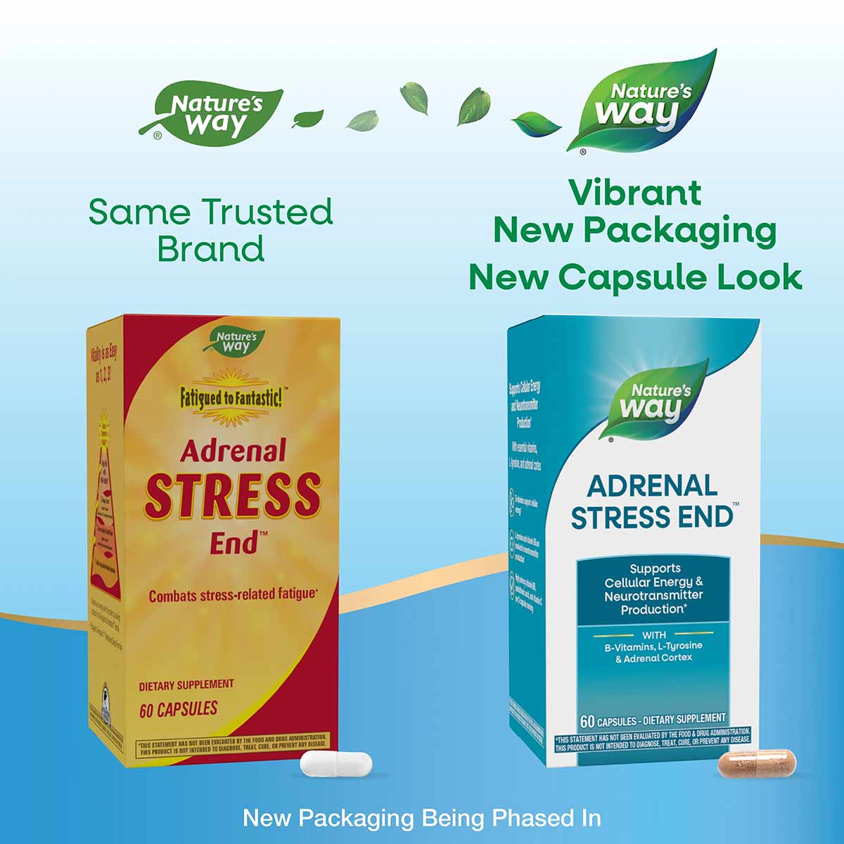 Nature's Way Adrenal Stress End supplement bottles showing old yellow packaging and new teal packaging with 60 capsules.