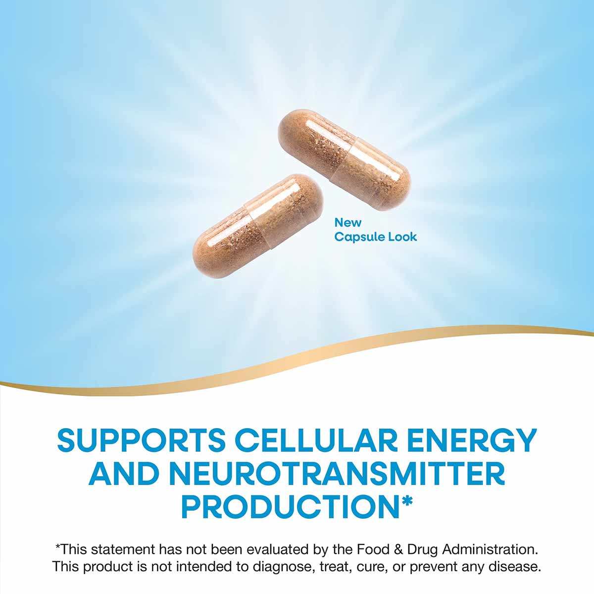 Two tan capsules against a blue background with "New Capsule Look" text.