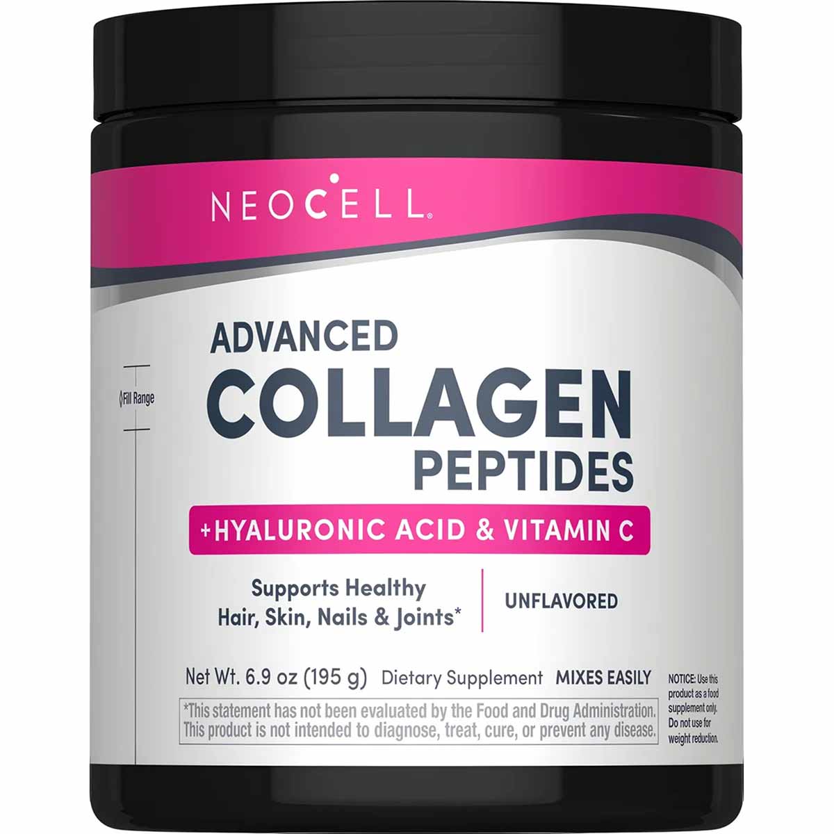 NeoCell Advanced Collagen Peptides powder in black container with pink and white label, 6.9 oz.