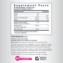 Supplement Facts label showing collagen peptides, hyaluronic acid, and vitamin C nutritional information with serving size an