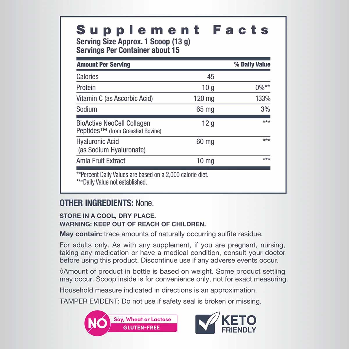 Supplement Facts label showing collagen peptides, hyaluronic acid, and vitamin C nutritional information with serving size an
