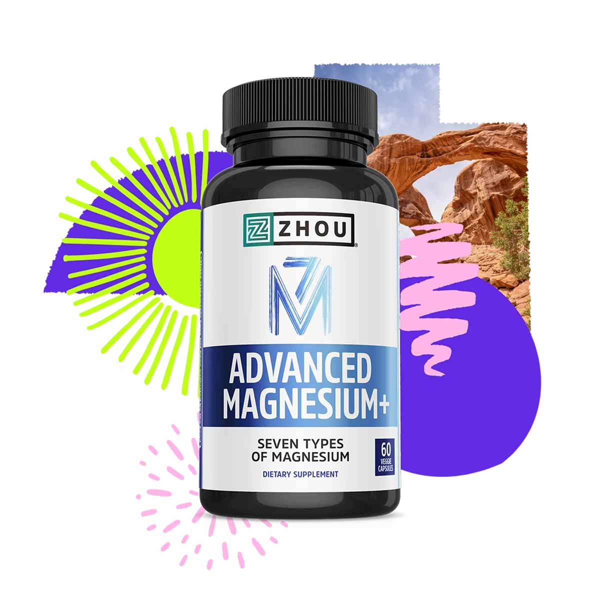 Black bottle with white label reading "Zhou Advanced Magnesium+" containing 60 capsules, displayed against colorful geometric
