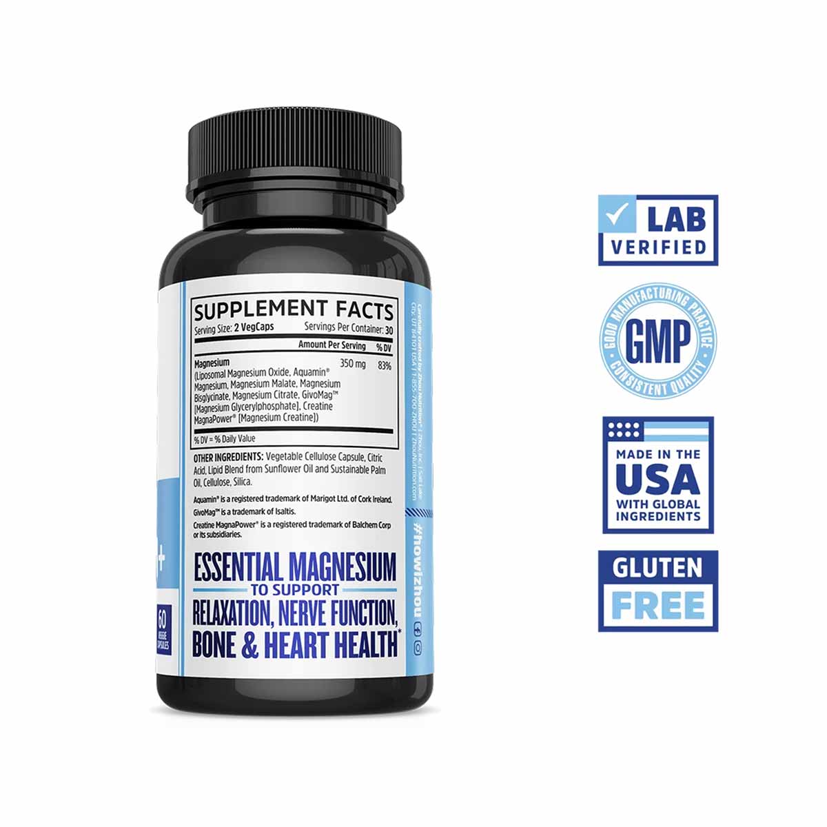 Black supplement bottle labeled Advanced Magnesium+ with white and blue text showing supplement facts and certification badge