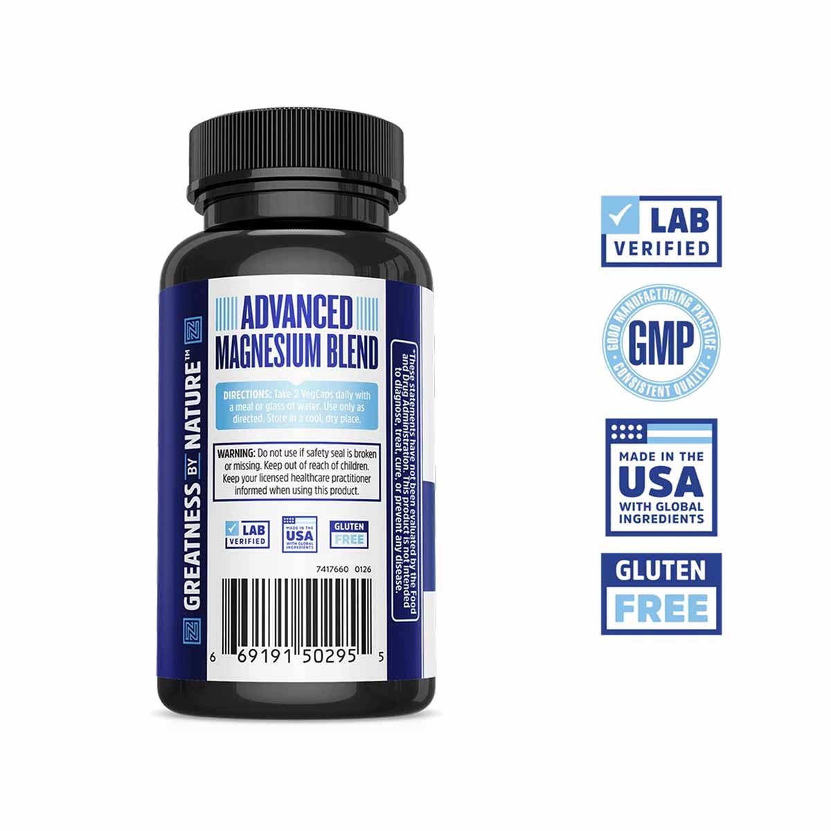 Black bottle with blue label reading "Advanced Magnesium Blend" by Zhou Nutrition, featuring lab verified, GMP, USA made, and