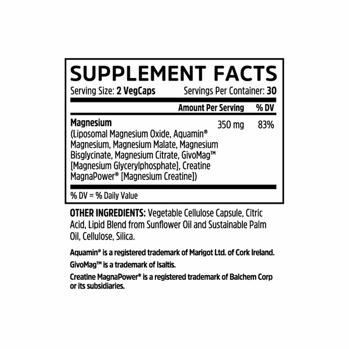 Supplement Facts label for Advanced Magnesium+ showing 350mg magnesium per serving in vegetable capsules with ingredient list