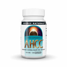 White bottle of Source Naturals AHCC 500 mg dietary supplement capsules with eclipse logo label.