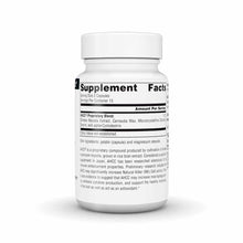 White supplement bottle with white cap containing AHCC 500 mg capsules and Supplement Facts label.
