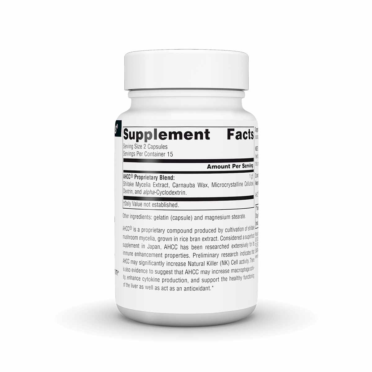 White supplement bottle with white cap containing AHCC 500 mg capsules and Supplement Facts label.