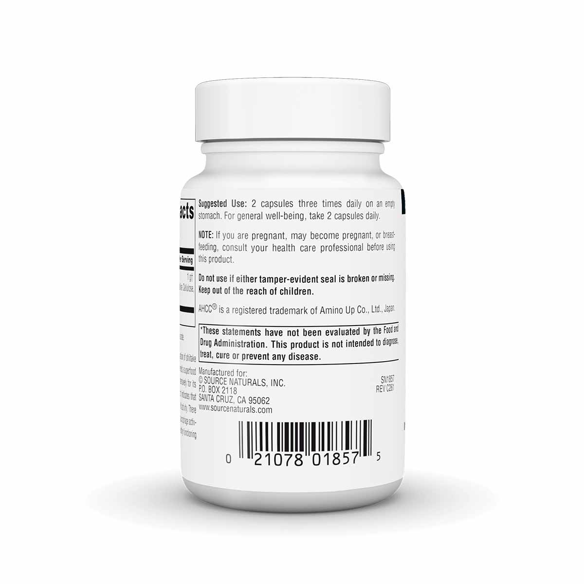 White bottle of Source Naturals AHCC 500 mg capsules with white cap and product label.