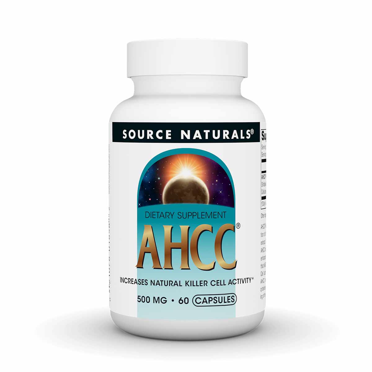 White plastic bottle with Source Naturals AHCC 500 mg dietary supplement label, 60 capsules.