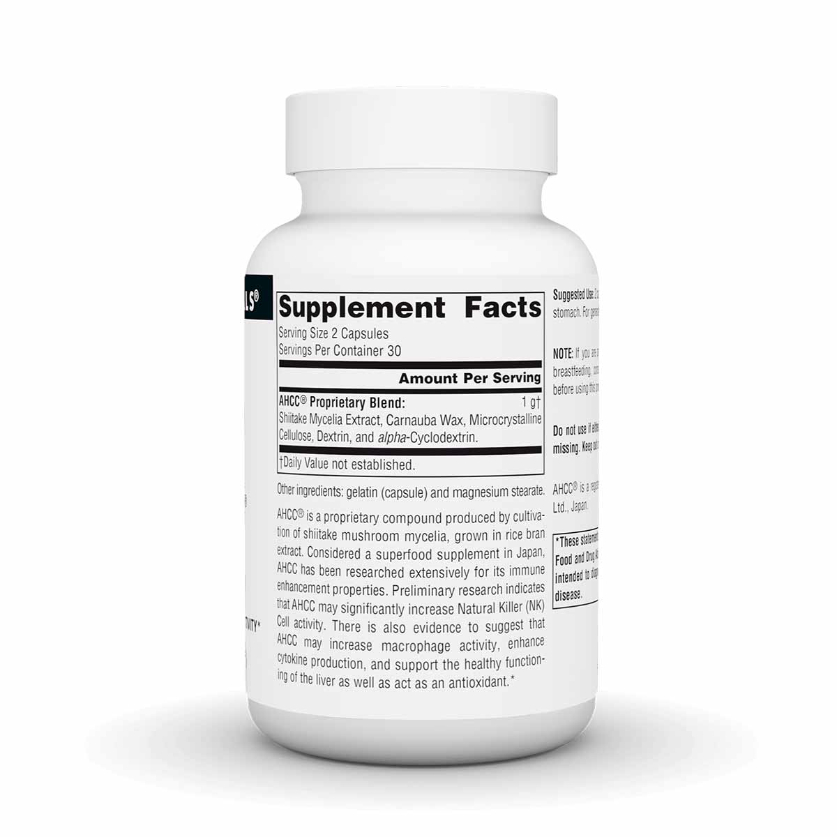 White capsule bottle with white lid showing Supplement Facts label for AHCC 500 mg by Source Naturals.
