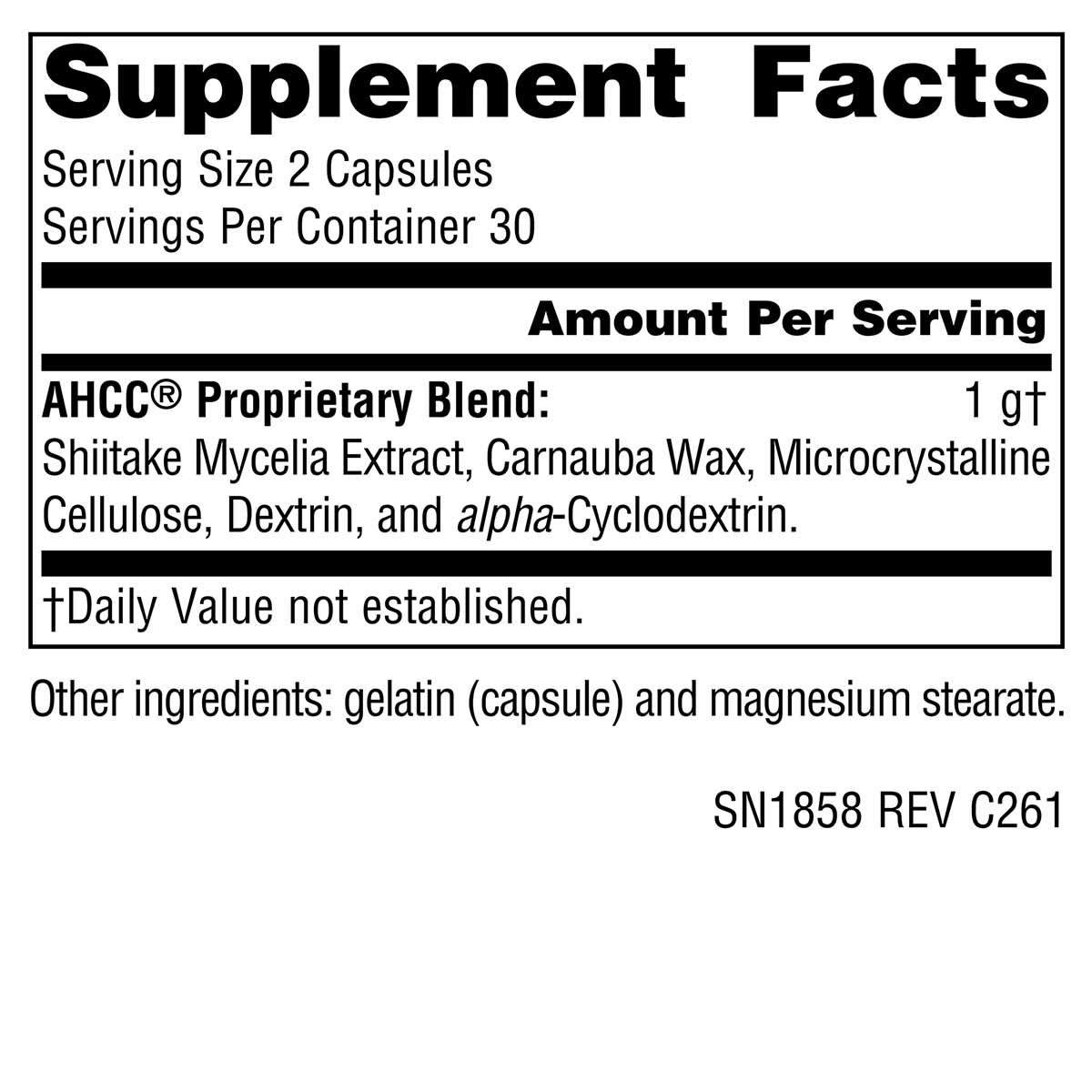 Supplement Facts label for AHCC 500 mg capsules showing serving size, ingredients, and proprietary blend information.