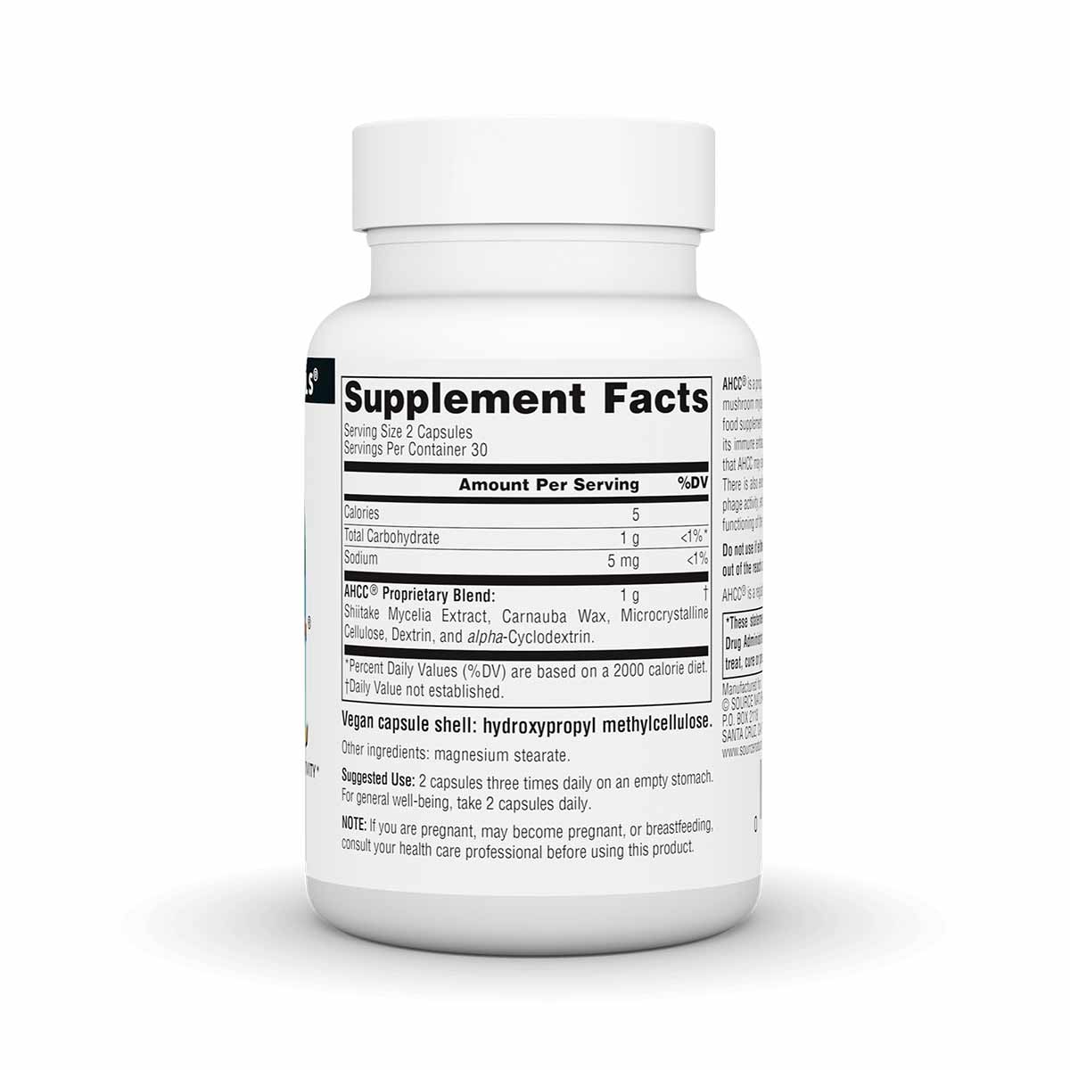 White bottle of Source Naturals AHCC 500 mg vegetable capsules with white cap and supplement facts label visible.