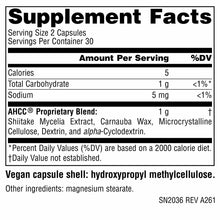 Supplement Facts label for Source Naturals AHCC 500 mg vegetable capsules with serving size, nutritional information, and ing