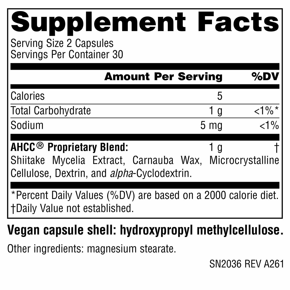 Supplement Facts label for Source Naturals AHCC 500 mg vegetable capsules with serving size, nutritional information, and ing