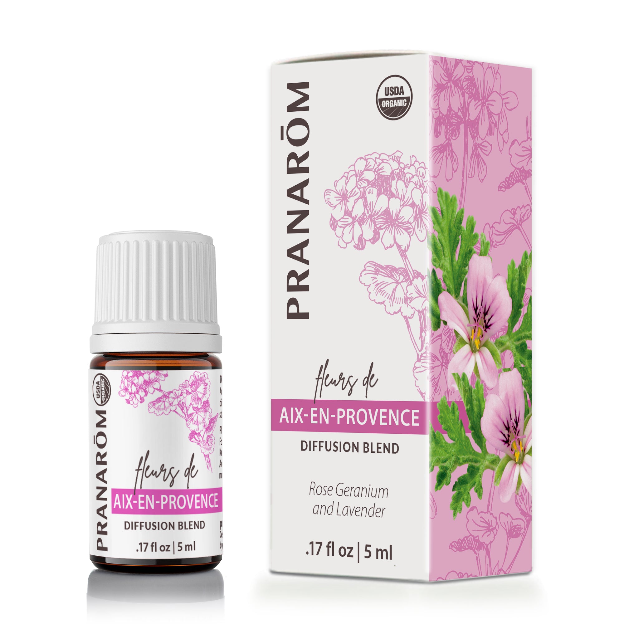 Pranarom Aix En Provence diffusion blend in amber glass bottle with white cap, next to pink and white box featuring floral il